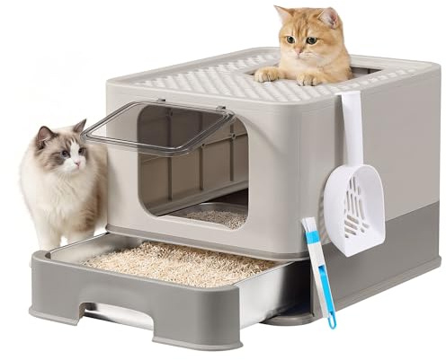 Feandrea Katzenklo Edelstahl, mit Schublade, 2 Eingänge | Katzentoilette, Schaufel, Bürste, für Katzen bis 15 kg, taubengrau, BOXAL Kollektion PPT004G101