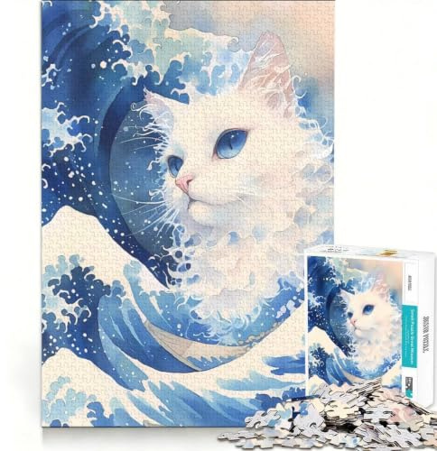 Puzzle pour Adultes 1000 pièces Chat Blanc Mignon Qui Fait Coucou, Jeu éducatif, Difficile, Cadeau Unique pour Un Anniversaire ou Noël 38x52cm
