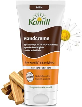 Kamill Crème pour les mains pour homme - 75 ml - Crème végétalienne - Soin des mains et des ongles avec camomille bio et bois de santal - Format voyage - Apaisante et hydratante