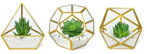 Mkono Künstliche Sukkulenten im 3er-Pack, Mini-Glas, geometrisches Terrarium, Miniatur-Topfpflanze, Bücherregal, Schreibtisch, Boho, Büro, Raumdekoration für Frauen, Mädchen, Wohnheim, Geschenkidee