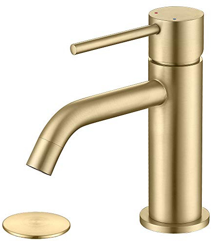 JXMMP Brushed Gold Bathroom Faucet, Single Handle Brass Sink Faucet Bathroom Single Hole with Pop Up Sink Drain Assembly and Water Faucet Supply Lines