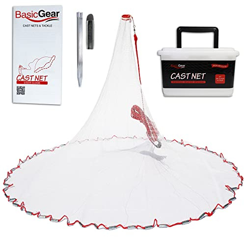 BasicGear Cast Net | Zinc Iron, 4ft Radius, 3/8 inch Mesh for Freshwater and Saltwater Bait Fish | Professional Grade and Upgraded Material | Throw Style