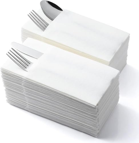 LEKOCH White Napkins with Pocket | Disposable Cloth Like Dinner Napkins | Built-in Flatware Pocket for Wedding Party & Events | Linen Feel | 50 Count
