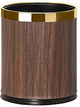 QTBH Trash Cans Metal Trash Can,Wood Grain Waste Bin,Luxury Metal Round Double Layer Trash Bins Home Kitchen Hotel Open Top Floor Stand Wastebasket Without Lid Kitchen Garbage can