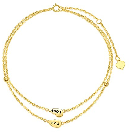 Rikelus 9k äkta guld hjärta fotkedja för kvinnor kvinnor, 375/9ct guld hjärta fotlänk lager fotkedja smycken presenter till födelsedag jul 20/21,5 + 5 cm, 9 cm, guld, Cubic Zirconia