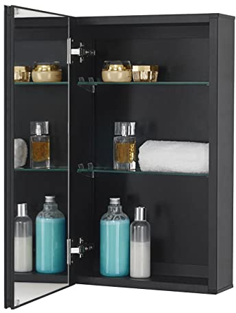Fundin Medicine Cabinet 14 x 24 inches Mirror Size, Recessed or Surface Mount, Black Aluminum Bathroom Wall Cabinet with Mirror and Adjustable Shelves.
