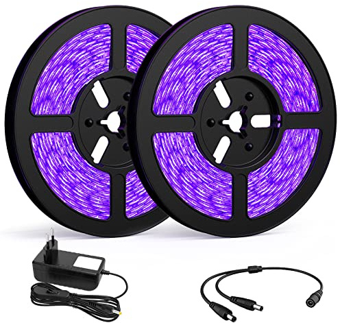 Onforu 20M UV LED Strip, Schwarzlicht Streifen mit Netztei für Halloween | 12V Flexibel 1200 LEDs Band, selbstklebend 2835 Lichtleiste UV Lampe, Lichtband Black Light für Neonfarben, Bar, Disco, Deko