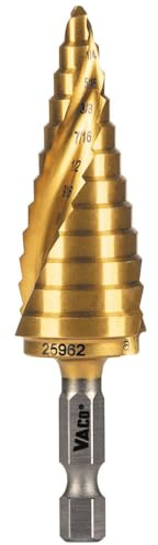 Klein Tools 25962 Step Drill Bit, 3/16 to 7/8-Inch, Spiral Double-Fluted, Cuts Thin Metal, Plastic, Aluminum, Wood, 1/4-Inch Hex Shank, VACO
