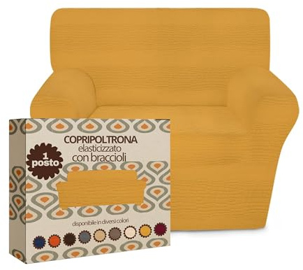SONIT Copridivano Elasticizzato per Divano con Braccioli Fodera Protettiva Universale in Tessuto Jacquard Vestibilità Aderente Made in Italy [1 Posto,Senape]