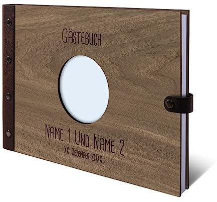 Personalisiertes Hochzeit Gästebuch echtes Holz DIN A4 mit Kreisausschnitt für Foto auf der ersten Seite - mit 72 Blatt / 144 Seiten Naturpapier Weiß