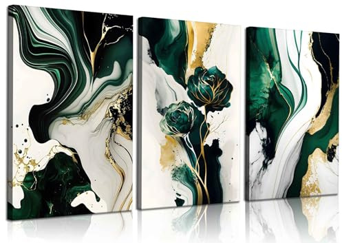 3Pcs Framed Emerald Green Wall Art, Modern Green and Gold Abstract Marble Canvas Wall Art Paintings Prints Posters Wall Decor Pictures for Living Room Bedroom Office Home Decoration, Ready to Hang
