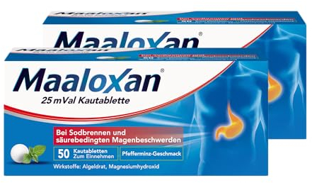 MAALOXAN® 25 mVal Kautablette, Kautablette, 2 x 50 Stück, mit Algeldrat und Magnesiumhydroxid, bei Sodbrennen und säurebedingten Magenbeschwerden