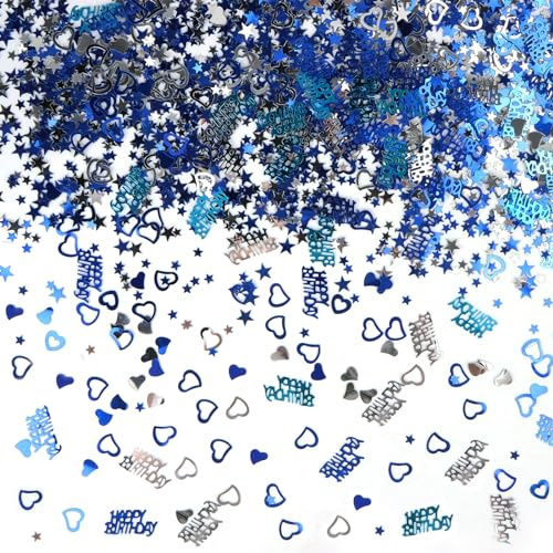 RUNEAY Konfetti Geburtstag 3200 Stück, HAPPY BIRTHDAY Streudeko Glitzer Konfetti Blau Silber für Geburtstagsparty, Geburtstagsdeko Tisch Deko