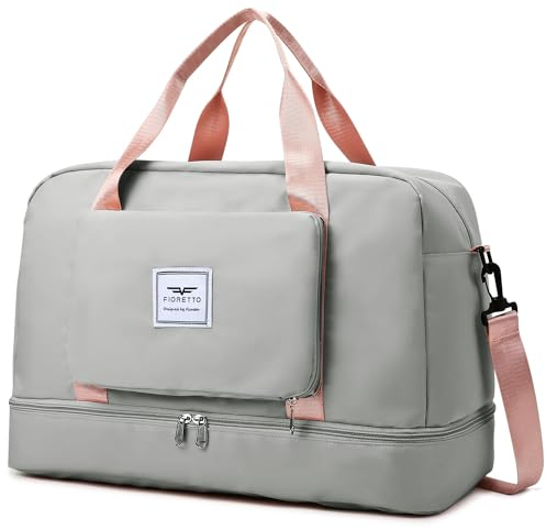 FIORETTO Faltbare Damen-Reisetasche, Wochenend-Krankenhaus-Übernachtungstasche mit Schuhfach und Nassfach, Wasserabweisende Sporttasche Handgepäcktasche Grau