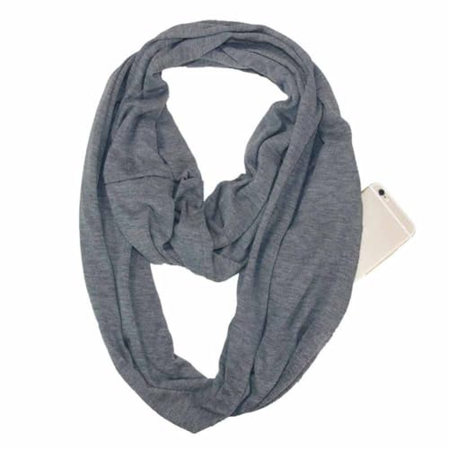 SHTGOI Infinity Scarf Plain Scarf with Hidden Zip Pocket Lightweight Travel Scarf Infinity Circle Scarf Cotton Bandanas Soft Tube Scarf for Women and Girls, Sisal grey, 180*50cm