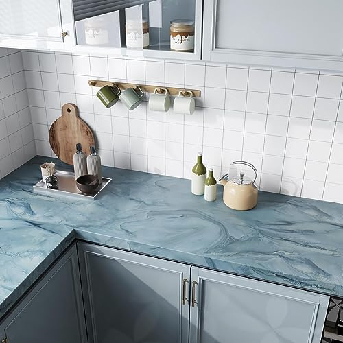 CRE8TIVE Blau Marmor Folie für Möbel Marmoroptik Klebefolie Küche Tapete Badezimmer Wasserfest Arbeitsplatte Folie für Regal Schrankfolien Selbstklebend Fototapete Wohnzimmer Modern 30cm x 200cm