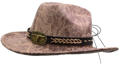 IFSUN Western-Cowboyhut für Damen und Herren, Leder, Cowgirl-Hut, breite Krempe, mit Gürtelschnalle, Beige, Einheitsgr��e