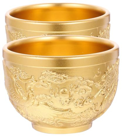 PRETYZOOM Cuencos budistas tibetanos para ofrendas de agua, 2 tazas de latón para agua bendita, taza de cáliz de dragón, quemador de incienso dorado, copas de vino, utensilios de adoración de Buda