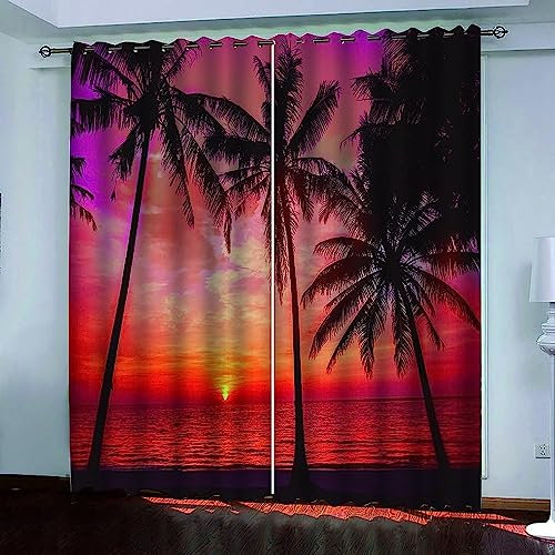 Vorhang Blickdicht Gardinen Mit Ösen - 2 Stücke 183 X 214 cm Verdunklungsvorhänge 3D Roter Sonnenaufgang Am Meer Muster Thermovorhang Für Kinderzimmer Schlafzimmer Weihnachtsgardinen-5X0K+A3R