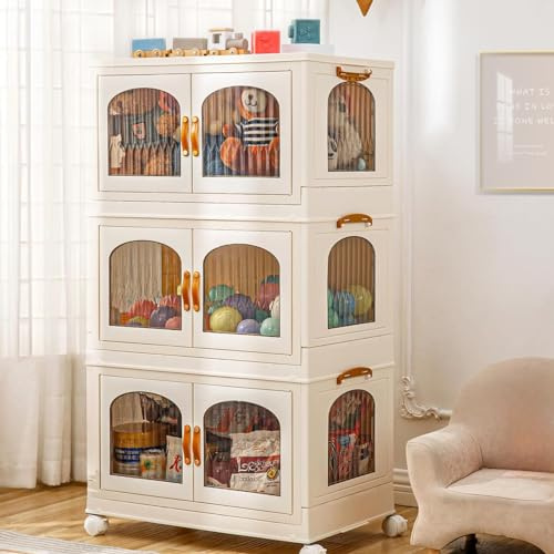 Aufbewahrungsbox mit Deckel Groß 3 Stück, 75Lx3 Klappbox Faltbare mit Rädern Boxen Aufbewahrung Einfachen Zugang Stapelboxen Kisten Bewegliche Behälter für Kleiderschrank Spielzeug(Beige,75Lx3)