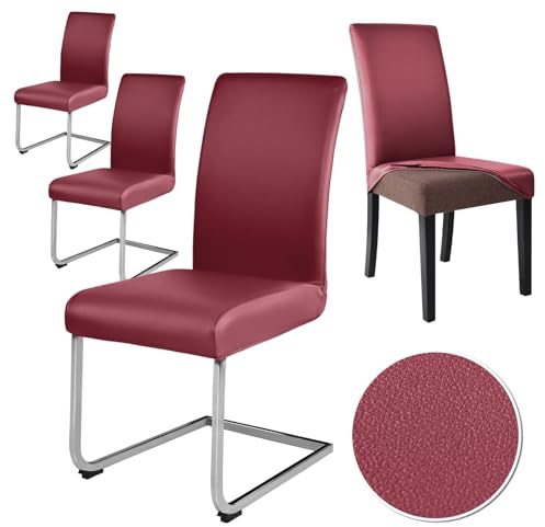 Alishomtll Stretch PU Stuhlhussen 4er Set Kunstleder Stuhlbezug Schwingstuhl wasserdicht Elastische Esszimmer Universell Waschbarer Stuhlbezüge für Küche Restaurant Hotel Hochzeit (Bordeaux 4 Stück)