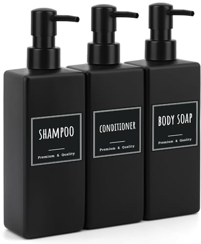 Segbeauty Seifenspender Schwarz Matt, 3 Stück 500ml Seifenspender Bad, Shampoo Flaschen zum Befüllen Kunststoff, Duschgel Spender mit Wasserdichtes Etiketten, für Küche