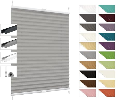 Plissee nach Maß, Plissee mit Klemmträger, 20 Farben, 3 Profilfarben, Höhe 40-180 cm, Breite: 30cm-129cm, Plisseerollo Faltrollo Sichtschutz und Sonnenschutz für Fenster und Tür
