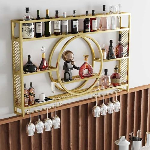 WXZXWXZX Weinregal Wand Metall Flaschenregal Schmal Wine Rack Bar Regal Wand mit Weinglashalter Getränkeregal Weinständer Esszimmermöbel für Bartheke Wohnzimmer Küche Home Bar(Gold,120cm/47.24in)