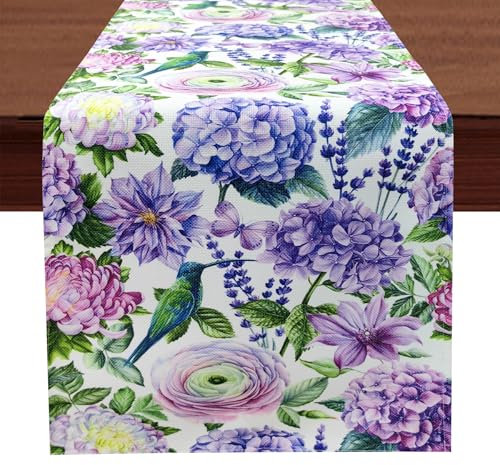 WELLYUK Camino de mesa de hortensias, 13 x 72 pulgadas, primavera, granja, flores moradas, violeta, lavanda, floral, pájaro azul, verano, cocina, comedor, decoración de mesa para hogar, fiesta,