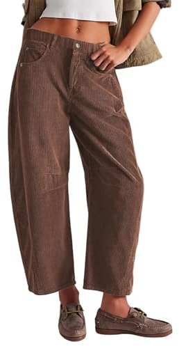 SotRong Womens Baggy Corduroy Trousers Barrel Elastic Mid Waist Cord Pants Casual Cropped Length Wide Leg Pull On Tapered Bottom Hem Leisure Slouchy Loose Fit Winter Trousers with Pockets Brown M