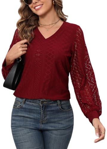 Enjyam Dam elegant blus långärmad spets blusskjorta V-ringad lätt luftig tunika med lyktärmar, Vinröd, XL