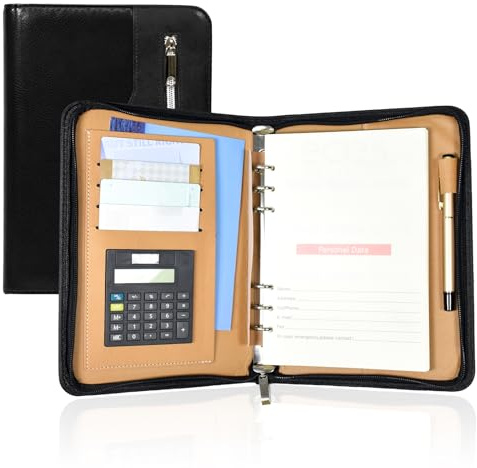 Elezeal Konferenzmappe aus PU-Leder, lose Blätter, A5, Ringbuch, persönliche Arbeit, Padfolio mit Taschenrechner, Reißverschlusstasche und nachfüllbaren Seiten, Business-Notizbuch, Organizer mit