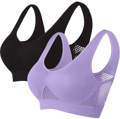 Memoryee Vadderad sport-BHS dam medelstort grepp stora storlekar för stora bröst push-up sömlös andas för yoga löpning crop top, Svart + lila, M