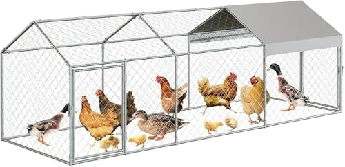 Zstar Großer Hühnerstall,304x100x100cm Hühnerstall Verzinkter Stahl Dach Geflügelställe mit Sonnenschutzdach und Tür, Kleintierstall Freilaufgehege für Hühner, Kaninchen und Enten im Hinterhof,Silb