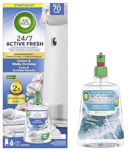 Air Wick Active Fresh Wasserbasiertes Automatisches Duftspray Starter Set inklusive Nachfüller 1x228ml Cotton & Weiße Orchidee & 1x 228ml Mediterrane Brise