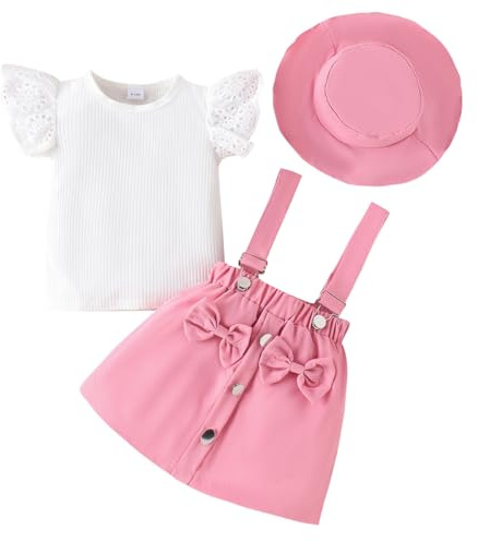 LUVCES Ensemble Bébé Fille Manches Courtes Côtelé à Volants Haut+ Bowknot Jupes à Bretelles Robe Salopette + Chapeau Elegant d'été Vêtements Set