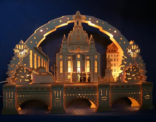 Tietze Erzgebirgsdesign Exclusiver 3D Schwibbogen Dresden Frauenkirche 72cm x 52cm + Augustusbrücke Unterbank - Feine Handarbeit aus dem Erzgebirge