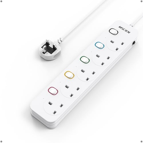 Mscien Extension Lead 3M 5 Way, Wall Mounted, Individual Switches, 13A | Overload Protection, Multiple Protections, Fused, 13A, 3250W, Safety Door, Flame Retardant, Wide Socket Space, LED Indicators