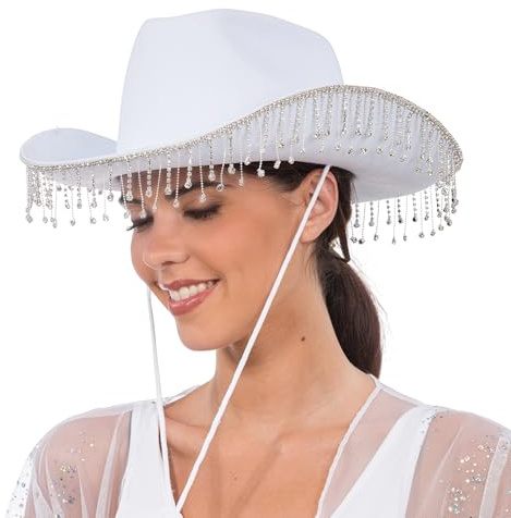 Chaks - Cowgirl Hut mit Strass Fransen, Cowboyhut für Festival | Karneval Accessoire für Western Kostüm und Mottoparty, Hut mit Fransenbesatz für JGA und Karneval