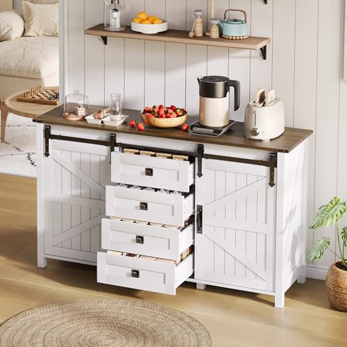 Kebnor Aparador con espacio de almacenamiento, armario lateral de 137 cm de ancho con puertas correderas y 4 cajones, color blanco