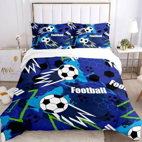 TSOPEFI Juego de ropa de cama infantil con motivo de fútbol 135x200, juego de edredón 3D con motivo de fútbol para niños y adolescentes, azul, verde, edredón suave y cómodo para adultos y niños (C