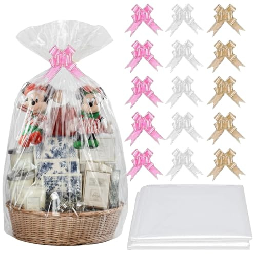 15 st 70 x 100 cm klar cellofanomslag för korgar och 15 rosetter, extra stora cellofanpåsar för korg, plastpaket, korgpåsar för jul, blommor, gåvor och korgar