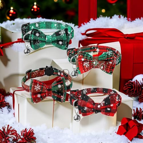 4 Stücke Weihnachten Katze Halsband Verstellbar, Rote Grüne Karierte Schneeflocken Katzenhalsbänder, Fliege Kragen mit Glocke Sicherheit Schnellverschluss, Geeignet für Katzen und Haustiere