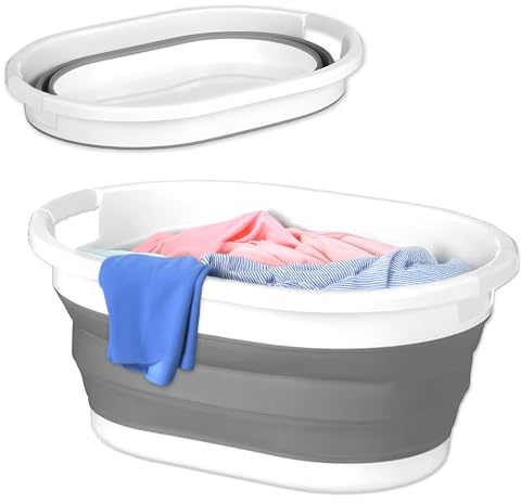 KRUMAD Faltbarer Wäschekorb mit Henkel 50L, 55x38x24 cm, Kunststoff Laundry Basket mit Griffen, Platzsparender Klappbarer Wäschekorb Weiß, Wäschesammler für Haushalt, Wohnung und Bad