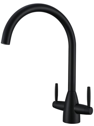 Kitchen Tap Stainless Steel Sink Mixer Taps Monobloc Tap Dual Lever 360 Swivel Swan Spout UK Standard 1 Hole Deck Mount Kitchen Faucet for Sink Matte Black