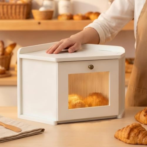 HoldOneLight Bread Bin for Kitchen, Under Cabinet Bread Storage Box, Large Countertop Container for Homemade Bread and Baked Goods (White)