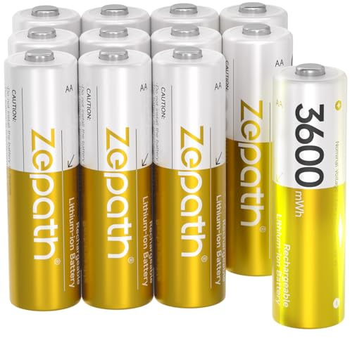 Zepath Wiederaufladbare AA Lithium Akkus 1.5V 3600mWh, 12 Pack | 12 AA Akkus, 3600mWh hohe Kapazität, konstante 1,5V Spannung, ideal für elektronische Geräte