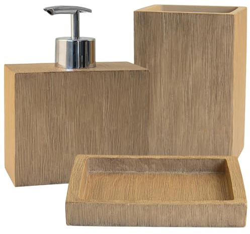 Schläfer 285200 | Set Bagno Completo serie Bambus con Dispenser per Sapone, Portasaponetta, Portaspazzolino, Bicchiere da Bagno, Portasapone Liquido Accessori in Resina Effetto Bamboo, 3 Pezzi