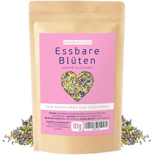 Essbare Blüten 10g Bunter Blütenmix zum Dekorieren und Verfeinern | Mit Blüten von Rosen, Ringelblumen, Lavendel, Malven und Kornblumen. MEERBACH & ROSE - Qualität aus Deutschland
