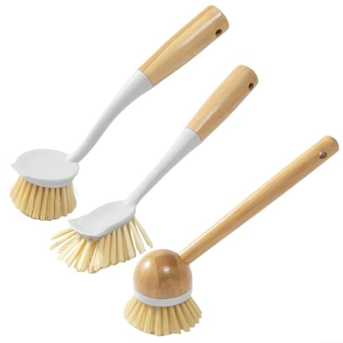 3 cepillos de platos con mango de madera con raspador para limpieza de ollas domésticas, herramienta eficiente de eliminación de manchas con práctico agujero para colgar para secar (blanco)